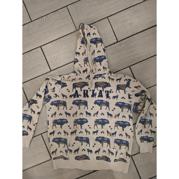 Ariat Tops - Ariat ReAL Womens XL Hoodie Southwestern Bison Wolf Print Fleece Pullover Cream